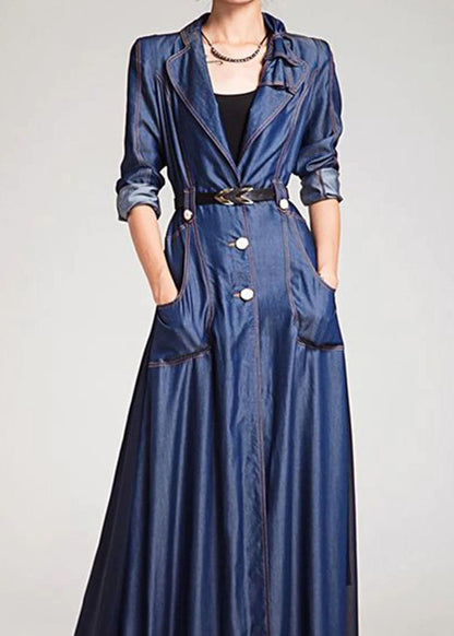 French Navy Peter Pan Collar Patchwork Tie Waist Denim Dress Long Sleeve LY4002 - fabuloryshop