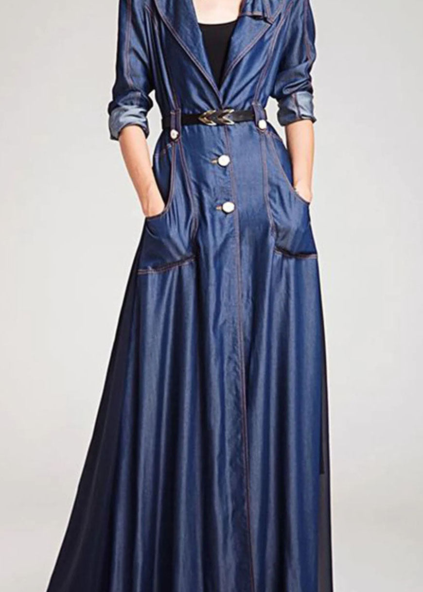 French Navy Peter Pan Collar Patchwork Tie Waist Denim Dress Long Sleeve LY4002 - fabuloryshop