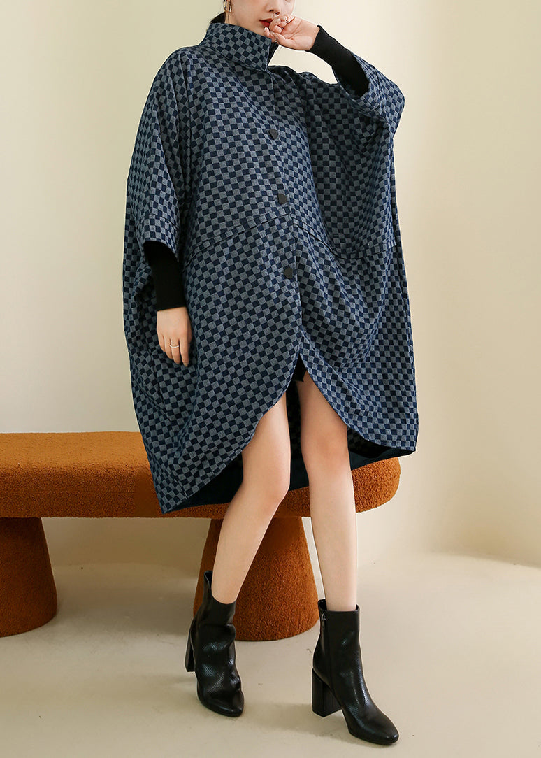 French Navy Plaid Button Patchwork Cotton Coat Batwing Sleeve Ada Fashion