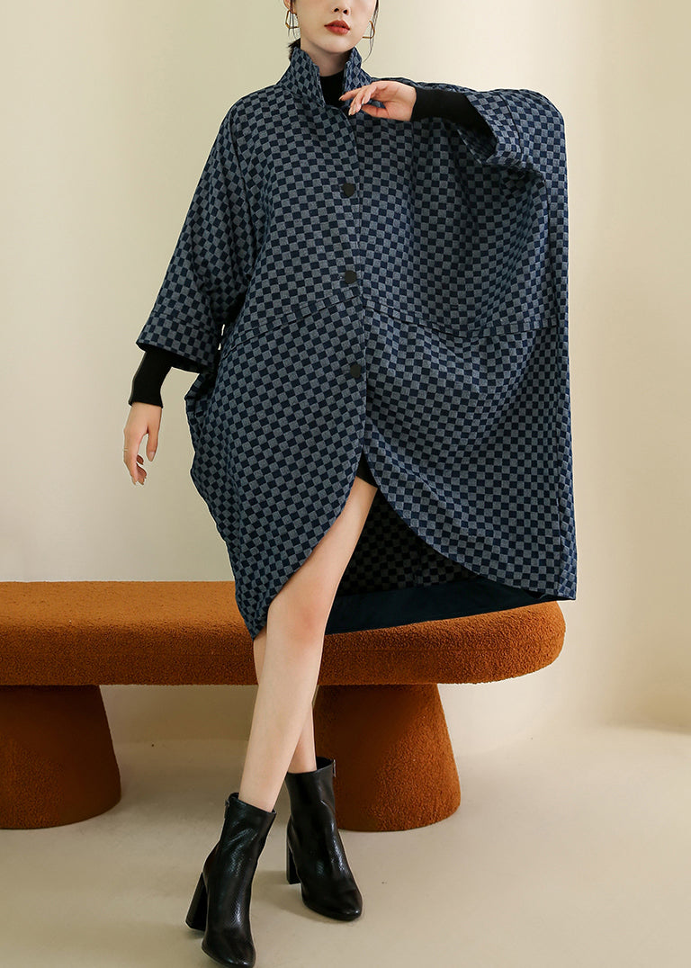 French Navy Plaid Button Patchwork Cotton Coat Batwing Sleeve Ada Fashion