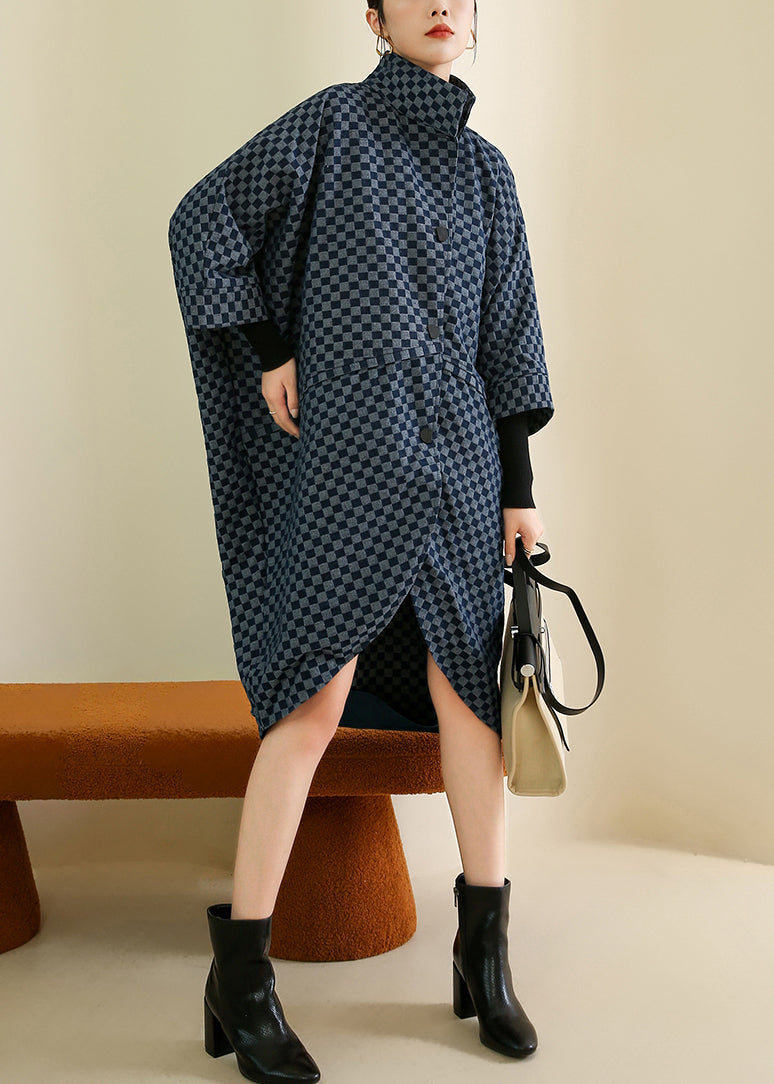 French Navy Plaid Button Patchwork Cotton Coat Batwing Sleeve Ada Fashion