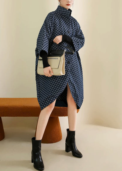 French Navy Plaid Button Patchwork Cotton Coat Batwing Sleeve Ada Fashion