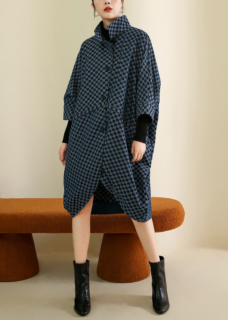 French Navy Plaid Button Patchwork Cotton Coat Batwing Sleeve Ada Fashion