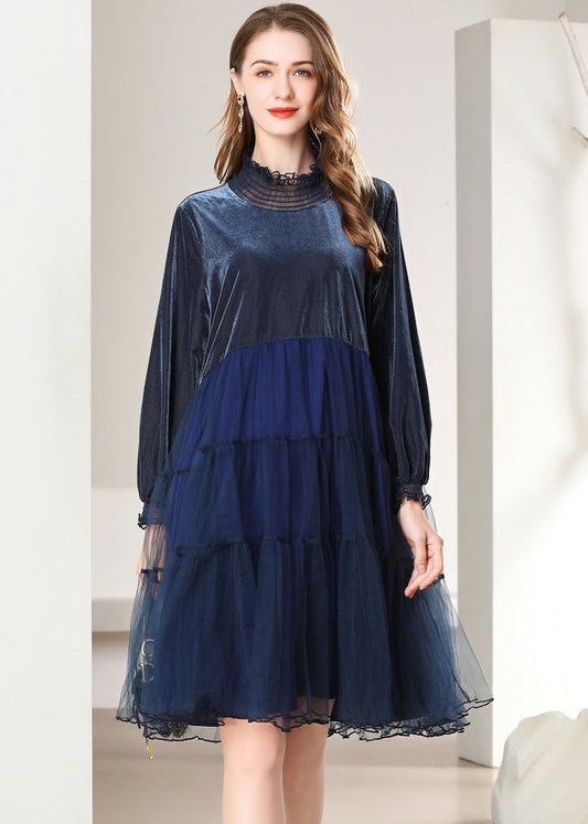 French Navy Ruffled Patchwork Tulle Silk Velour Mid Dress Spring LY0267 - fabuloryshop