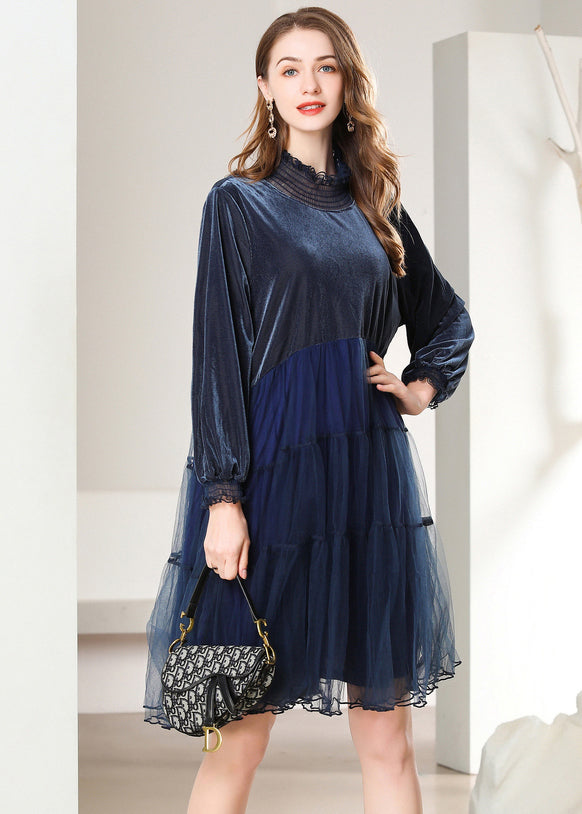 French Navy Ruffled Patchwork Tulle Silk Velour Mid Dress Spring LY0267 - fabuloryshop