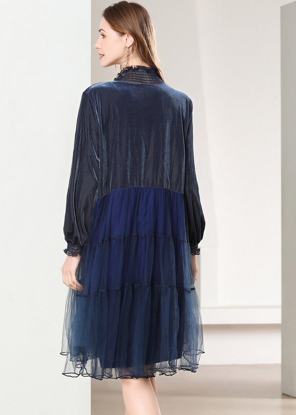 French Navy Ruffled Patchwork Tulle Silk Velour Mid Dress Spring LY0267 - fabuloryshop