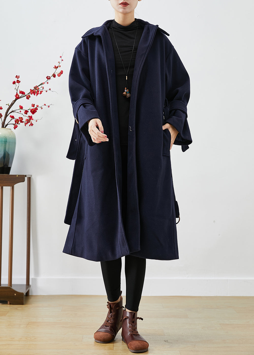 French Navy Slim Fit Thick Woolen Trench Coats Winter Ada Fashion