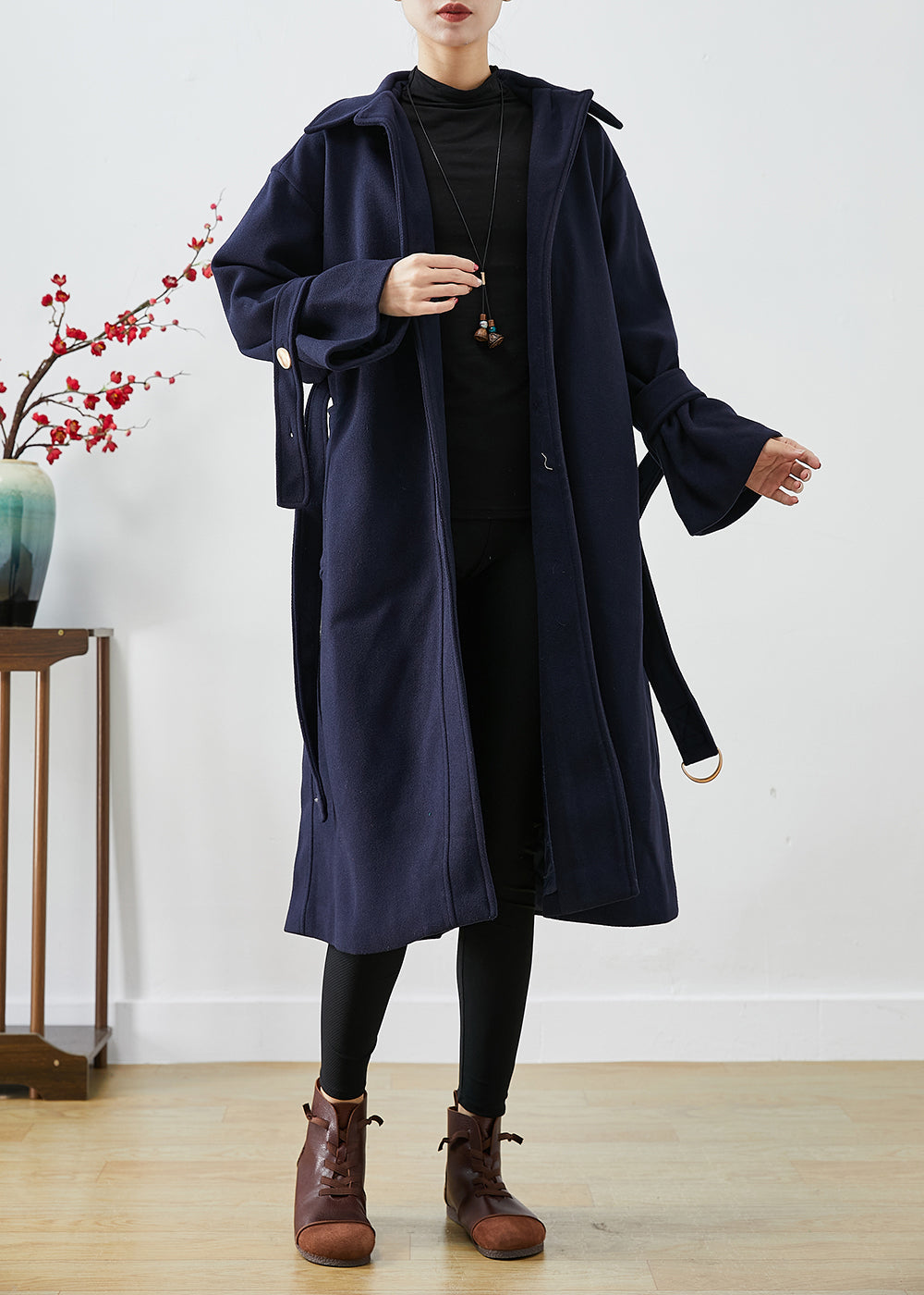 French Navy Slim Fit Thick Woolen Trench Coats Winter Ada Fashion