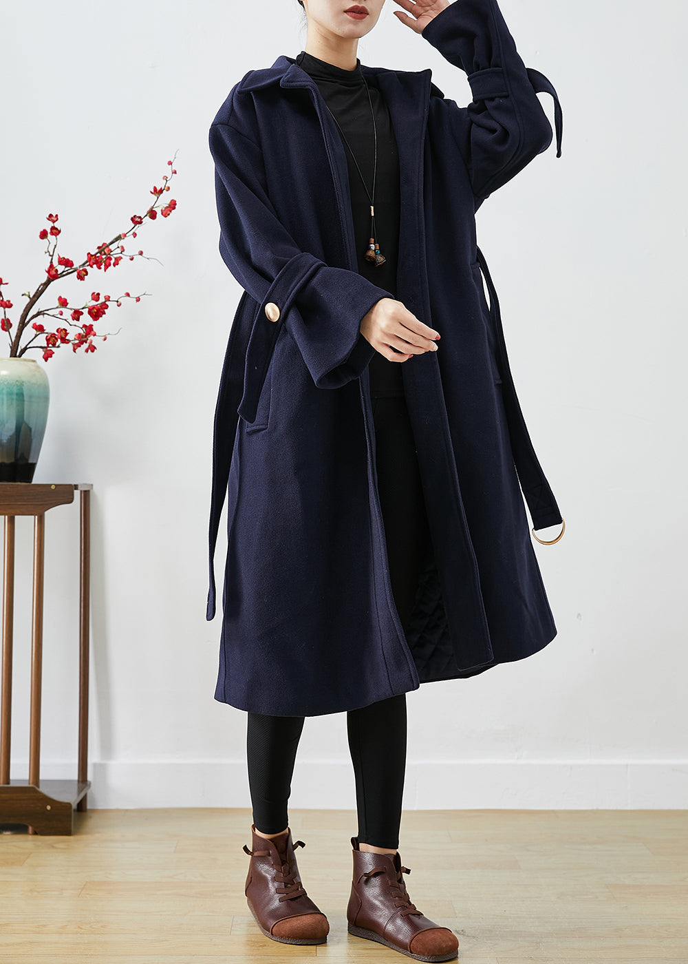 French Navy Slim Fit Thick Woolen Trench Coats Winter Ada Fashion