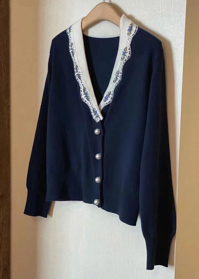 French Navy V Neck Button Patchwork Knit Coats Long Sleeve Ada Fashion