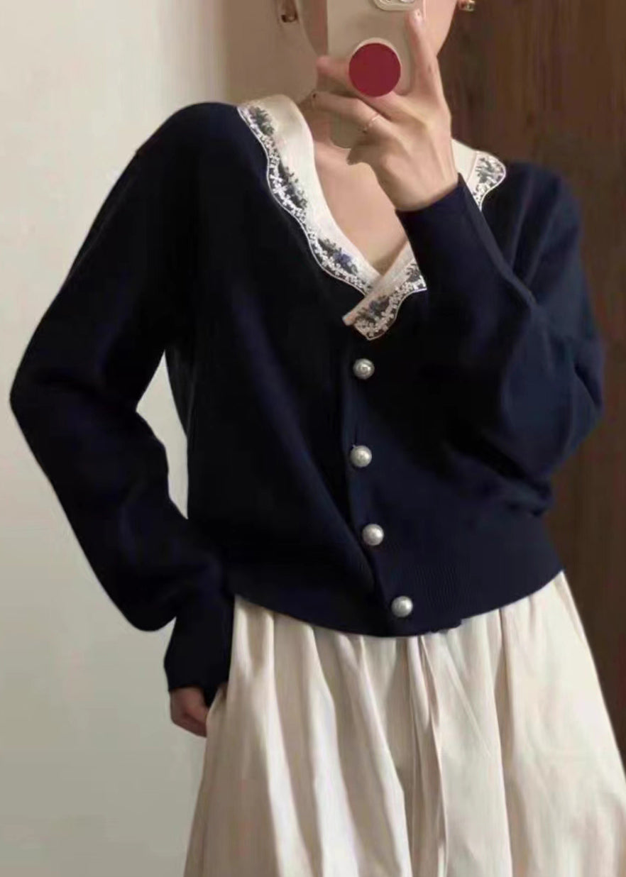 French Navy V Neck Button Patchwork Knit Coats Long Sleeve Ada Fashion