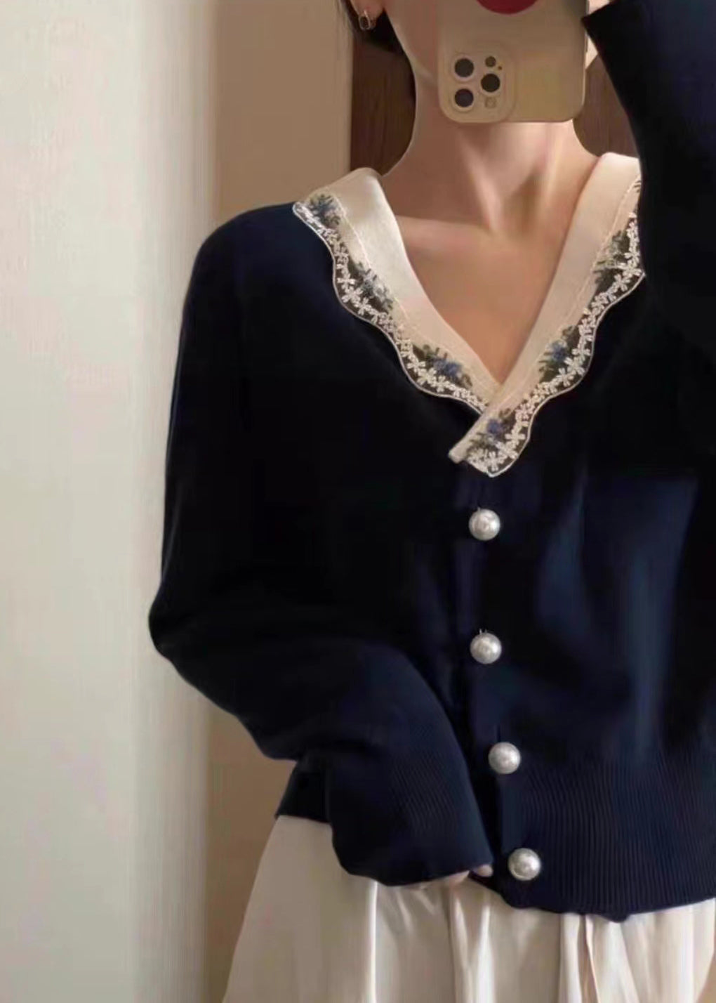 French Navy V Neck Button Patchwork Knit Coats Long Sleeve Ada Fashion