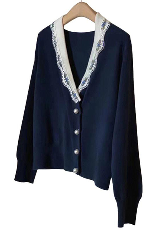 French Navy V Neck Button Patchwork Knit Coats Long Sleeve Ada Fashion