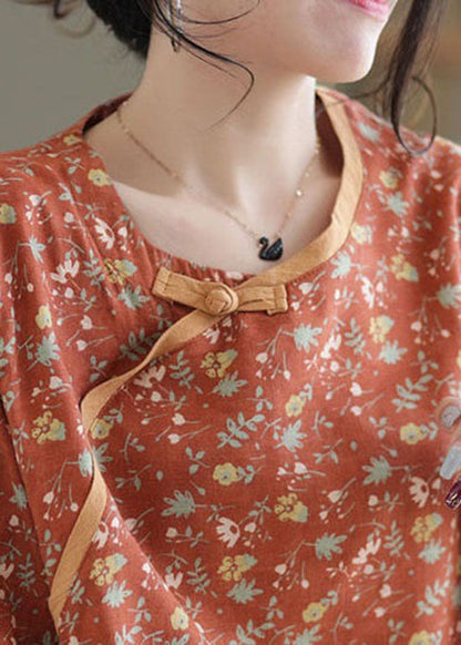 French Orange O Neck Print Patchwork Linen Top Summer LY0593 - fabuloryshop