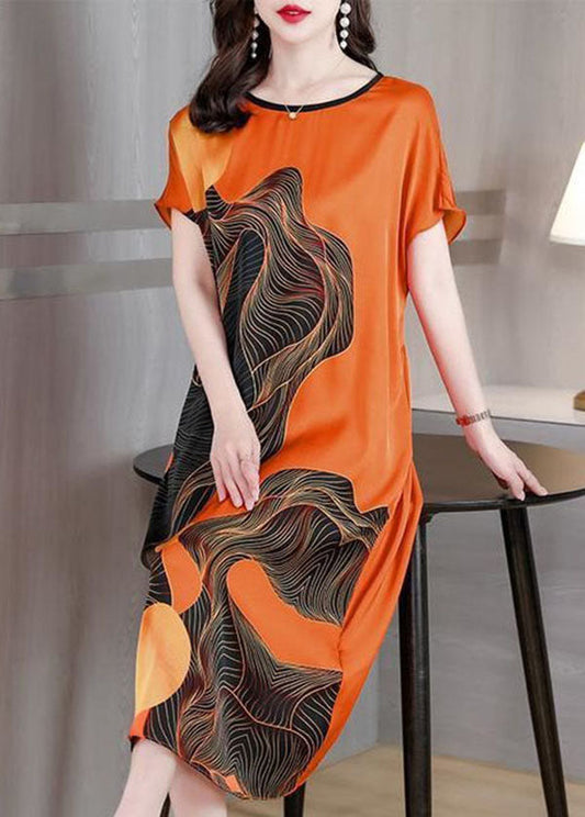 French Orange O Neck Print Patchwork Silk Dress Short Sleeve TI1051 - fabuloryshop