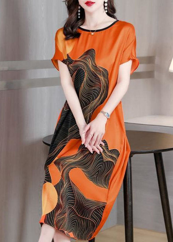 French Orange O Neck Print Patchwork Silk Dress Short Sleeve TI1051 - fabuloryshop