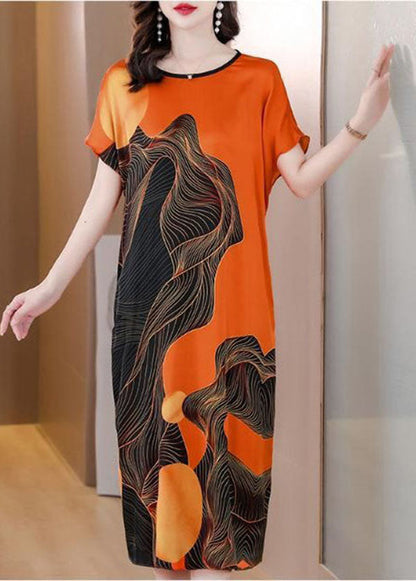 French Orange O Neck Print Patchwork Silk Dress Short Sleeve TI1051 - fabuloryshop