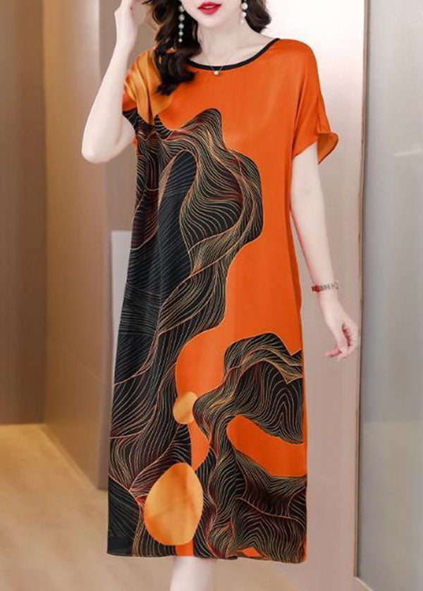 French Orange O Neck Print Patchwork Silk Dress Short Sleeve TI1051 - fabuloryshop