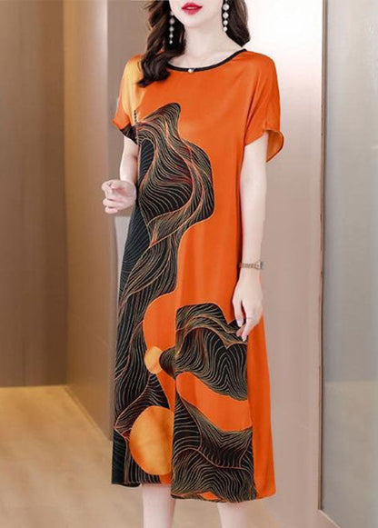 French Orange O Neck Print Patchwork Silk Dress Short Sleeve TI1051 - fabuloryshop