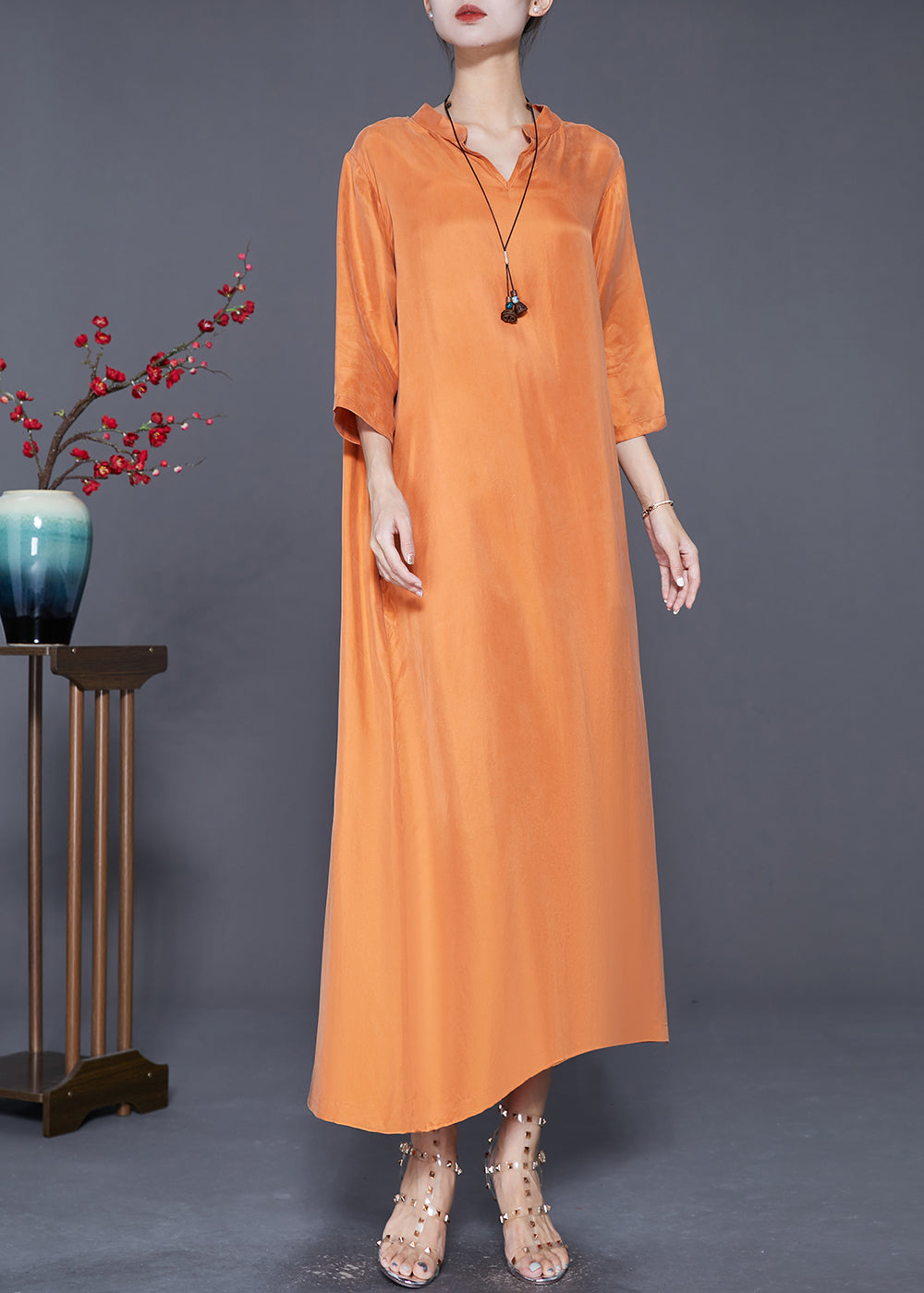 French Orange Oversized Draping Silk Vacation Dresses Bracelet Sleeve Ada Fashion