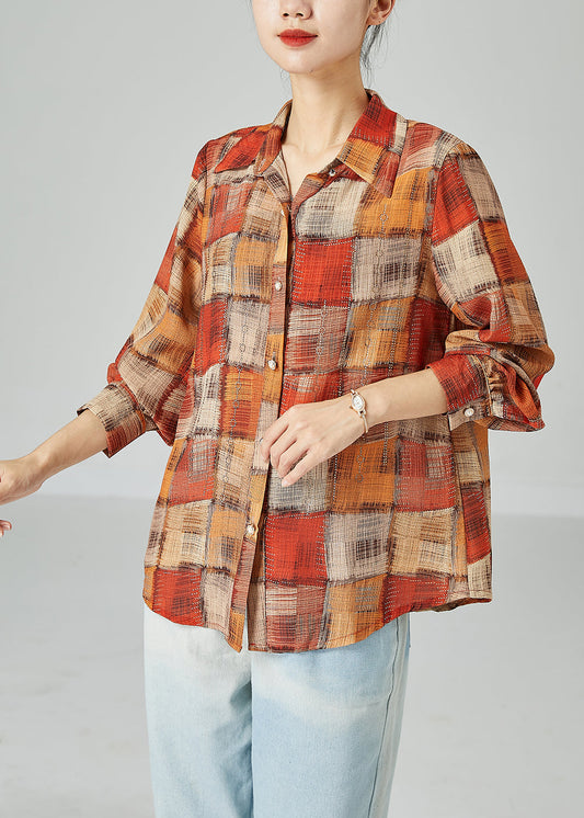 French Orange Peter Pan Collar Plaid Cotton Blouse Top Spring LY2462 - fabuloryshop