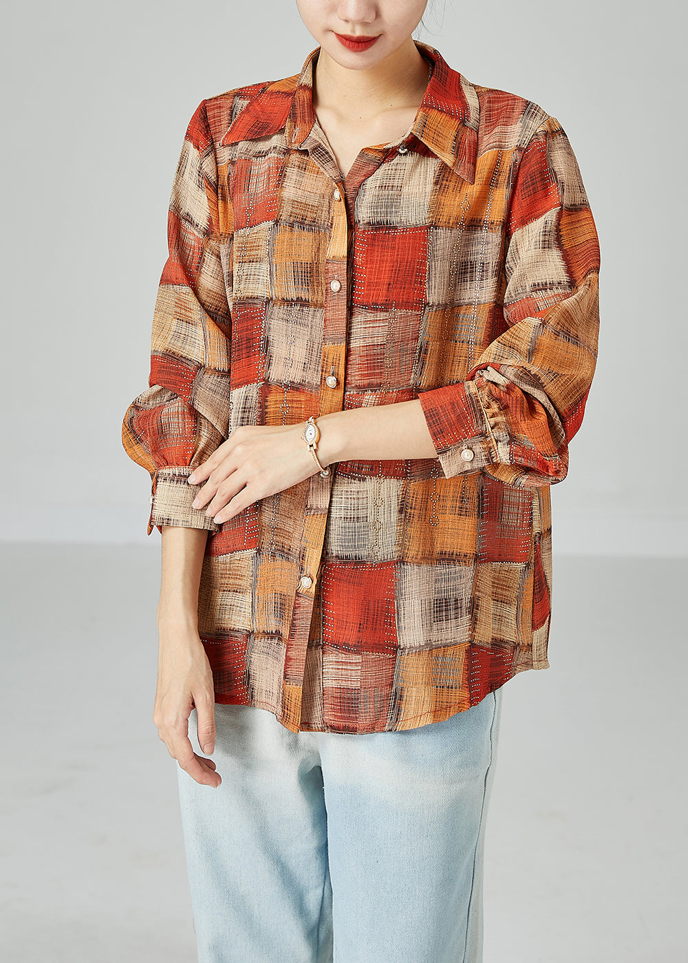 French Orange Peter Pan Collar Plaid Cotton Blouse Top Spring LY2462 - fabuloryshop