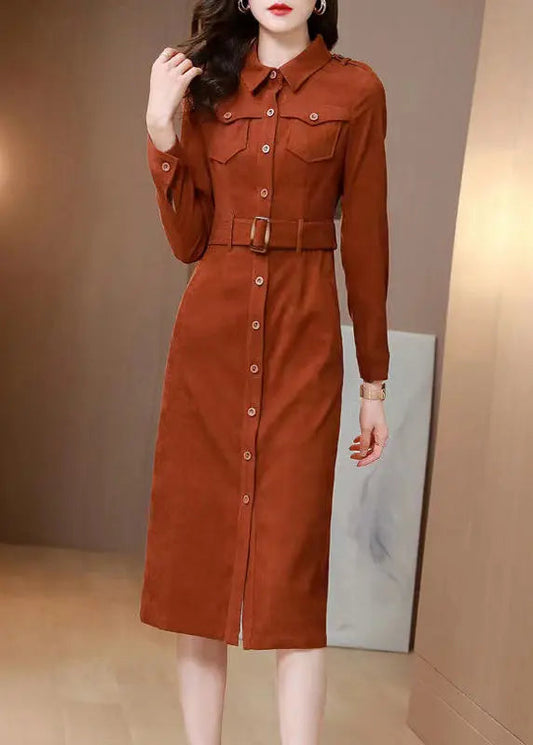 French Orange Peter Pan Collar Tie Waist Patchwork Corduroy Dress Fall Ada Fashion