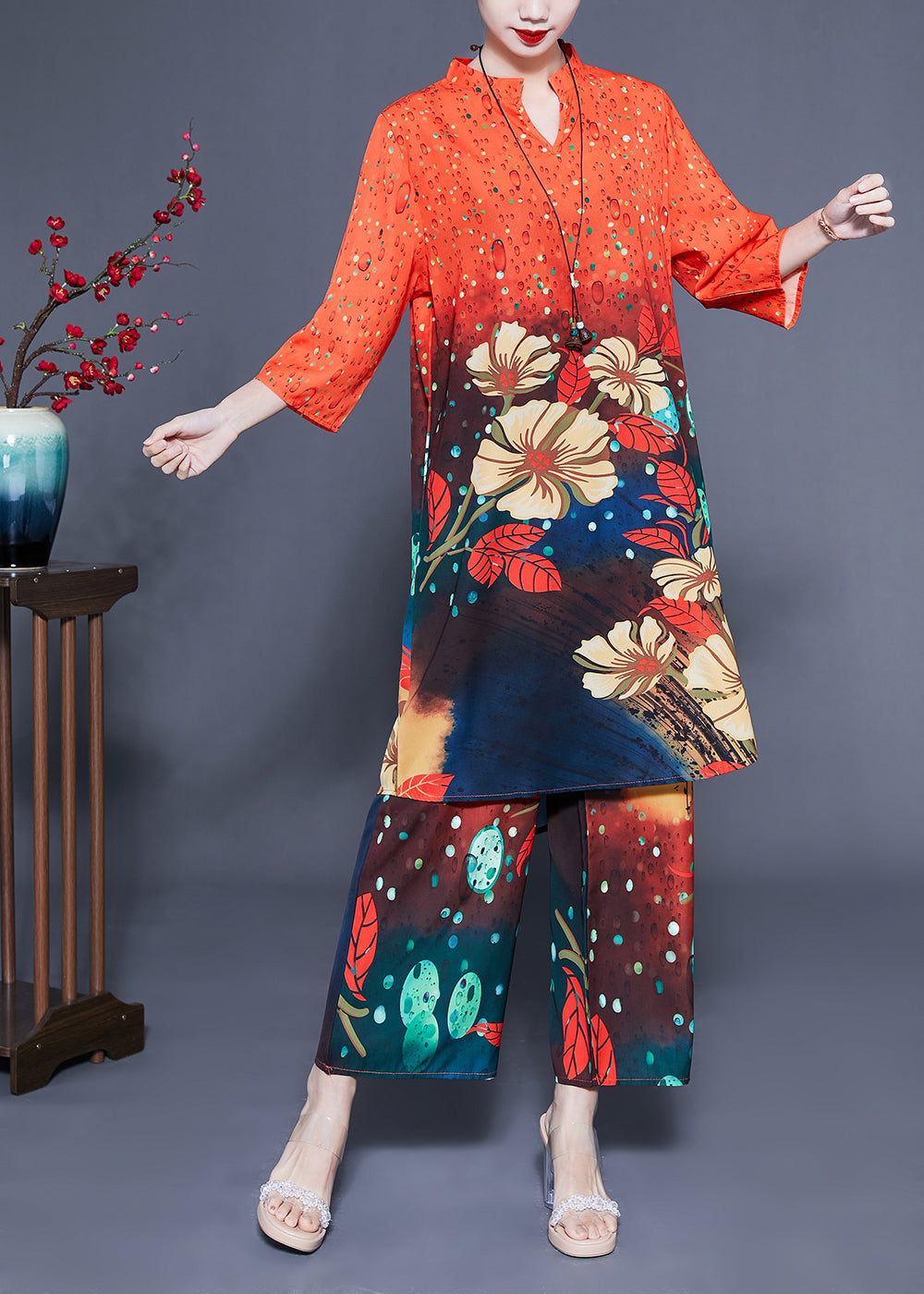 French Orange Stand Collar Oversized Print Silk Two-Piece Set Bracelet Sleeve LY1136 - fabuloryshop
