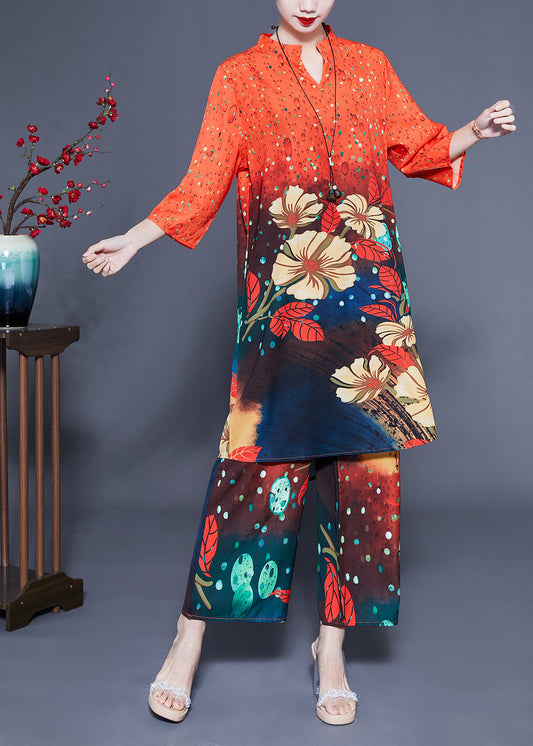 French Orange Stand Collar Oversized Print Silk Two-Piece Set Bracelet Sleeve LY1136 - fabuloryshop