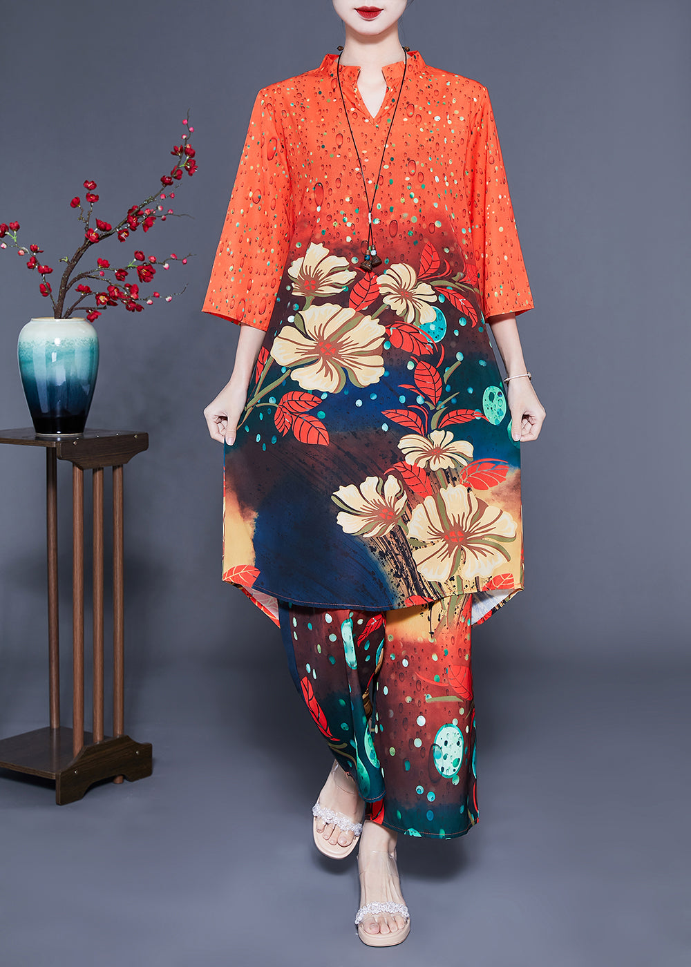 French Orange Stand Collar Oversized Print Silk Two-Piece Set Bracelet Sleeve LY1136 - fabuloryshop