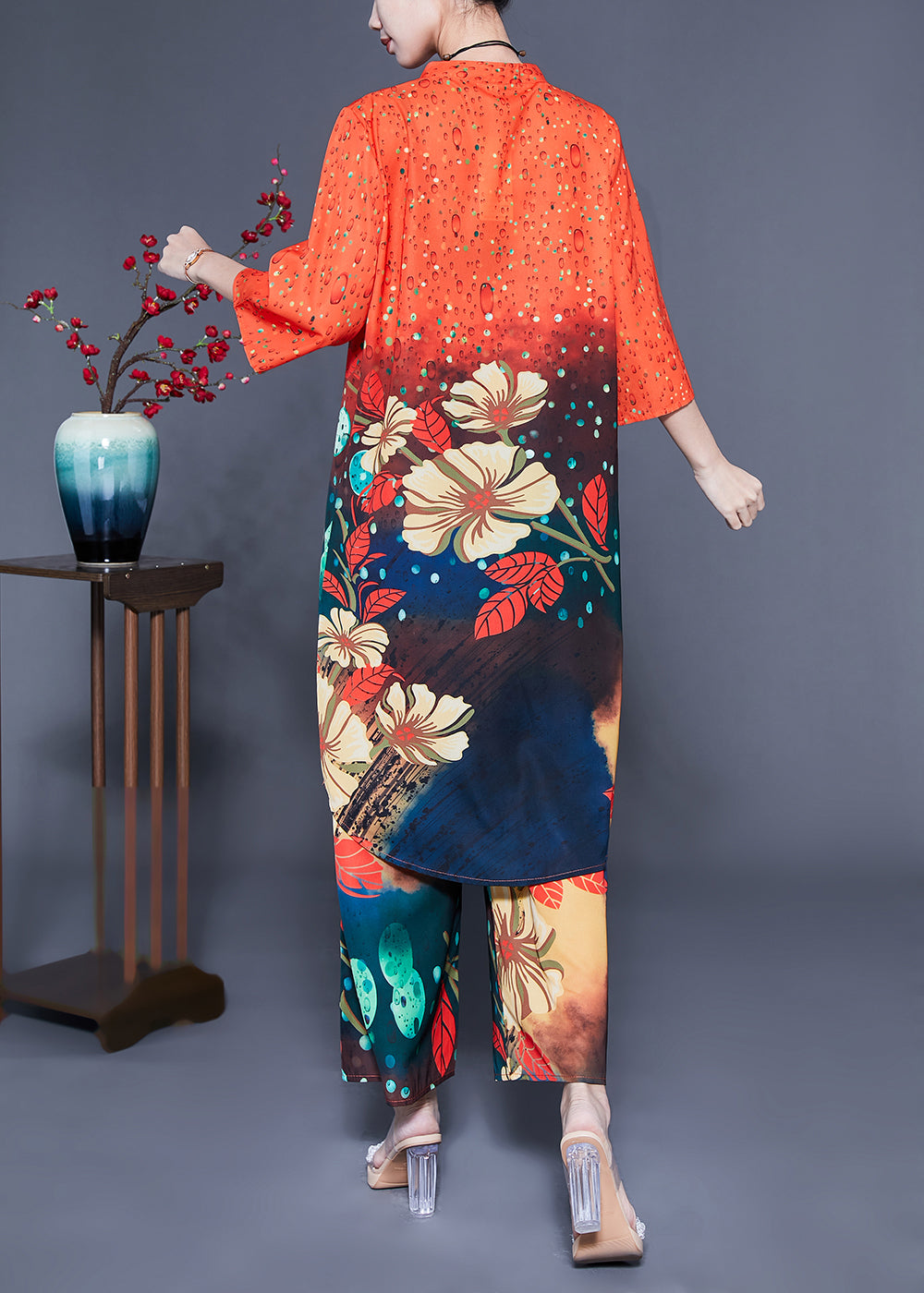 French Orange Stand Collar Oversized Print Silk Two-Piece Set Bracelet Sleeve LY1136 - fabuloryshop