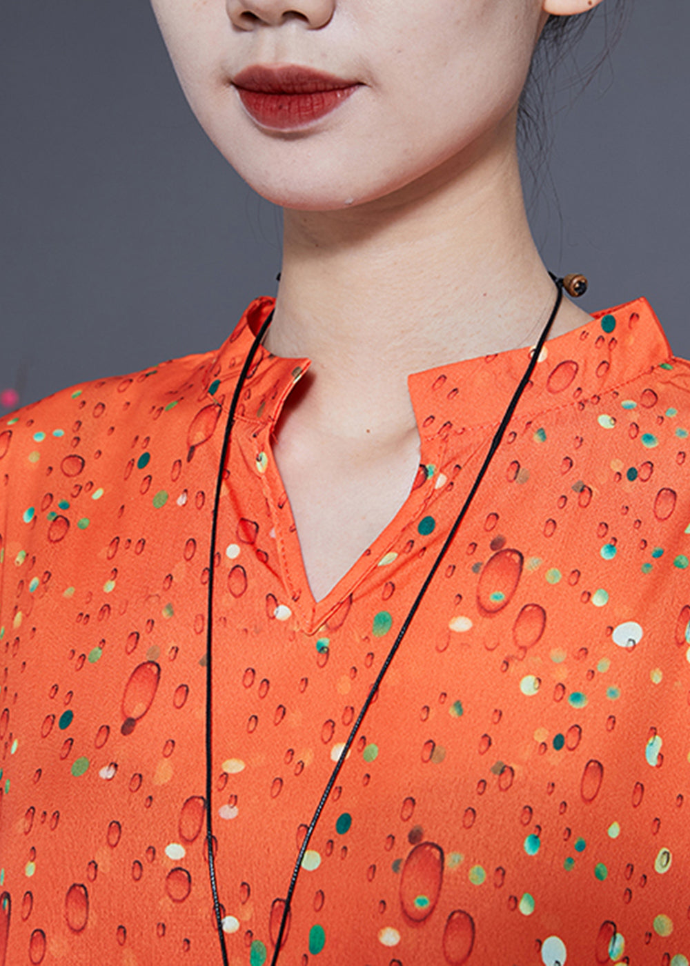 French Orange Stand Collar Oversized Print Silk Two-Piece Set Bracelet Sleeve LY1136 - fabuloryshop