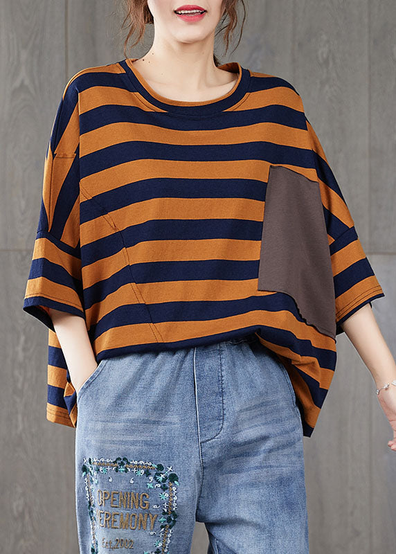 French Orange Striped O Neck Patchwork Cotton T Shirt Top Summer LY5283 - fabuloryshop