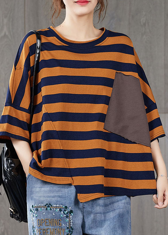 French Orange Striped O Neck Patchwork Cotton T Shirt Top Summer LY5283 - fabuloryshop