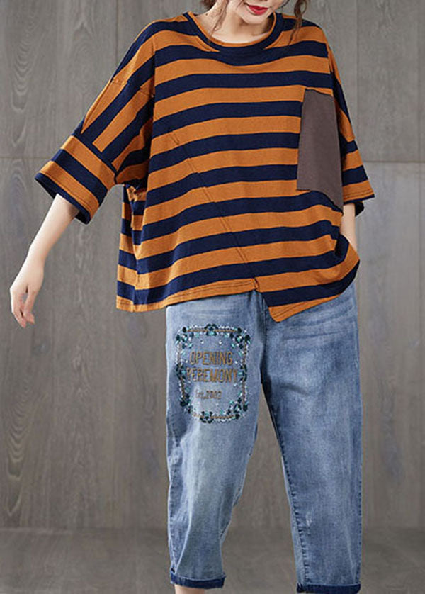 French Orange Striped O Neck Patchwork Cotton T Shirt Top Summer LY5283 - fabuloryshop