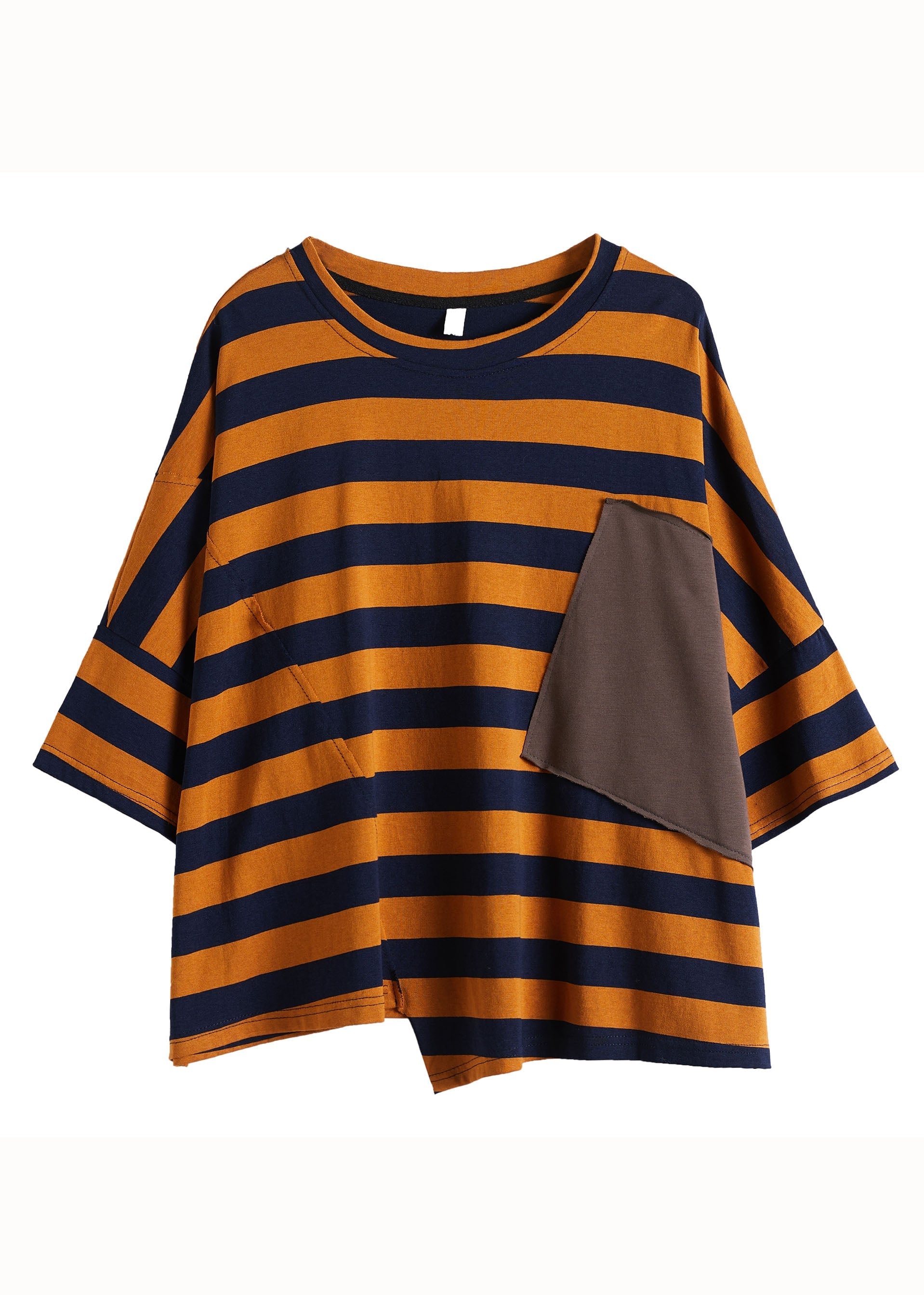 French Orange Striped O Neck Patchwork Cotton T Shirt Top Summer LY5283 - fabuloryshop