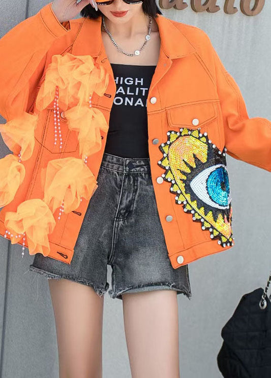 French Orange Tulle Pockets Sequins Nail Bead Patchwork Denim Coat Spring LY5237 - fabuloryshop