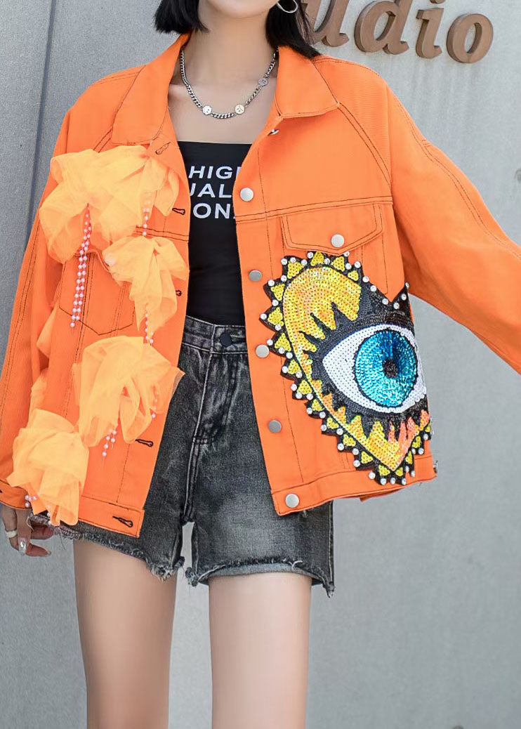 French Orange Tulle Pockets Sequins Nail Bead Patchwork Denim Coat Spring LY5237 - fabuloryshop