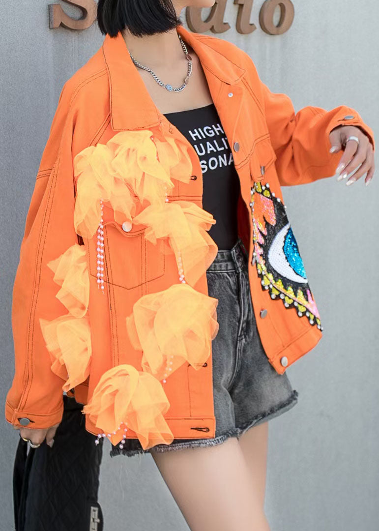 French Orange Tulle Pockets Sequins Nail Bead Patchwork Denim Coat Spring LY5237 - fabuloryshop