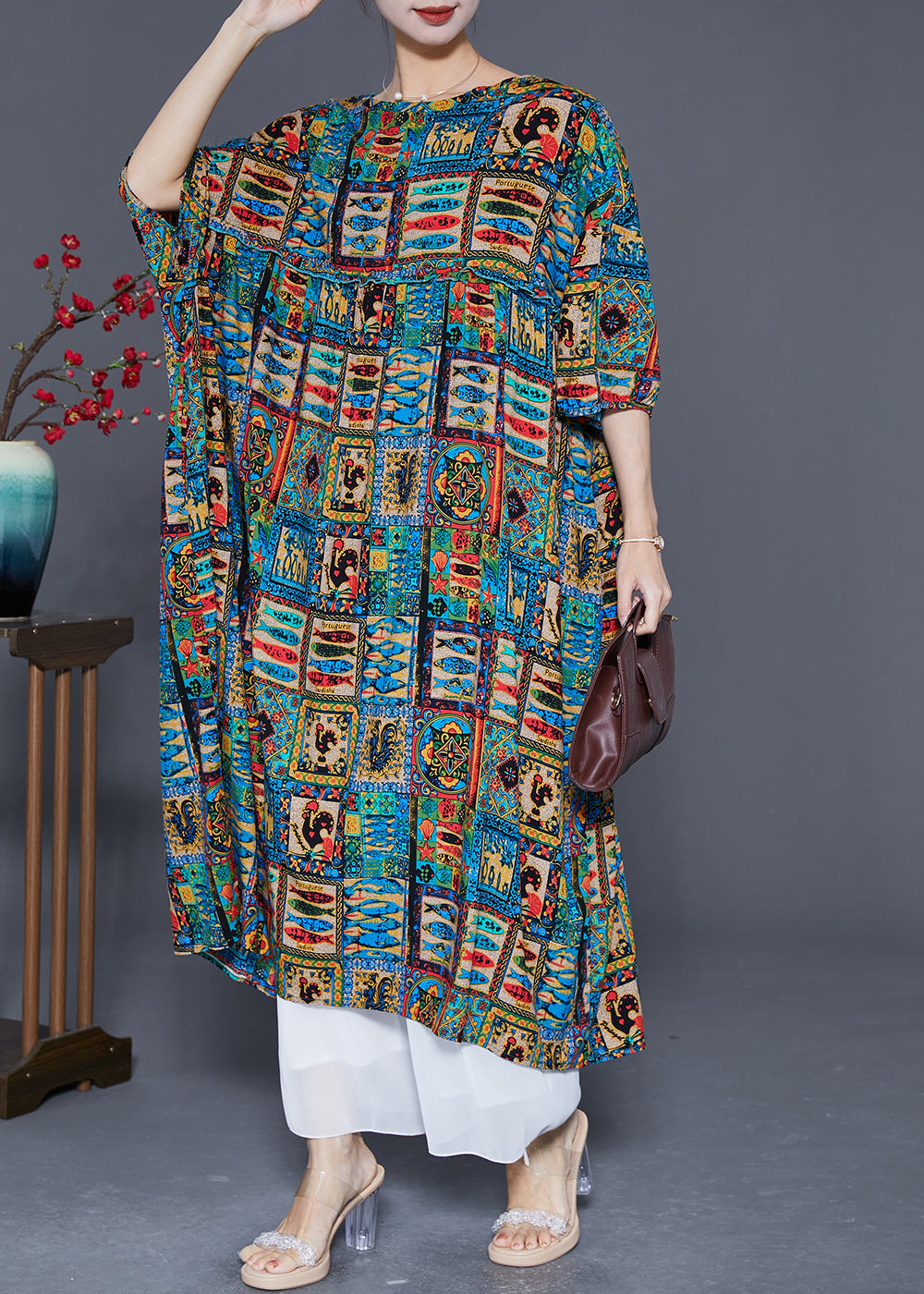 French Oversized Ruffled Abstract Print Cotton Maxi Dress Summer LY5574 - fabuloryshop