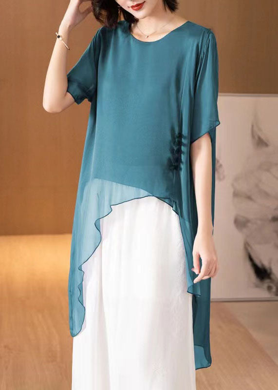 French Peacock Blue O-Neck Asymmetrical Patchwork Chiffon Shirts Tops Summer TF1053 - fabuloryshop