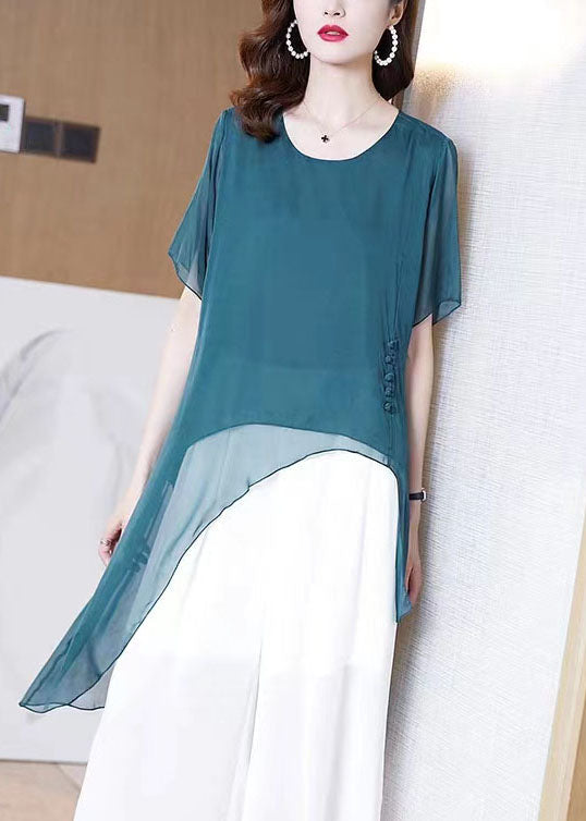 French Peacock Blue O-Neck Asymmetrical Patchwork Chiffon Shirts Tops Summer TF1053 - fabuloryshop