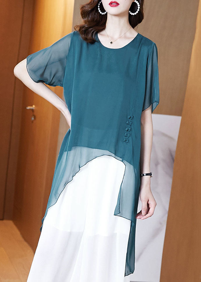 French Peacock Blue O-Neck Asymmetrical Patchwork Chiffon Shirts Tops Summer TF1053 - fabuloryshop