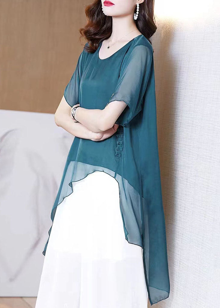 French Peacock Blue O-Neck Asymmetrical Patchwork Chiffon Shirts Tops Summer TF1053 - fabuloryshop