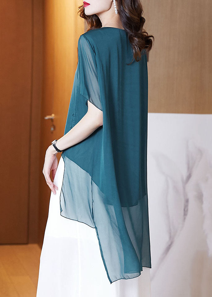 French Peacock Blue O-Neck Asymmetrical Patchwork Chiffon Shirts Tops Summer TF1053 - fabuloryshop