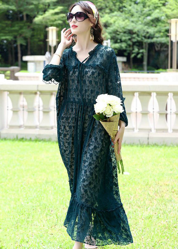 French Peacock Blue Ruffled Exra Large Hem Silk Long Dress Spring LY0696 - fabuloryshop