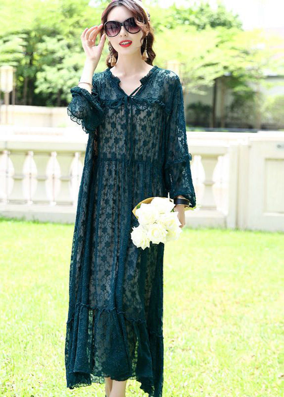 French Peacock Blue Ruffled Exra Large Hem Silk Long Dress Spring LY0696 - fabuloryshop