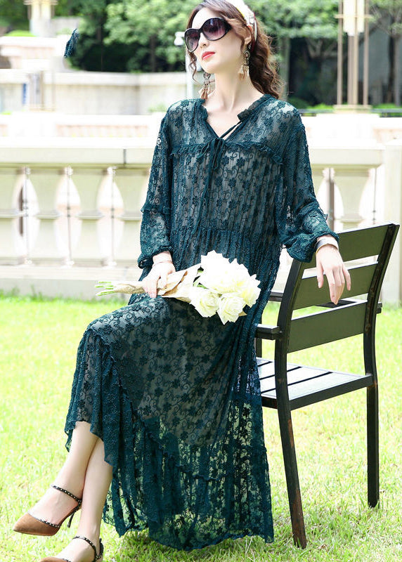 French Peacock Blue Ruffled Exra Large Hem Silk Long Dress Spring LY0696 - fabuloryshop