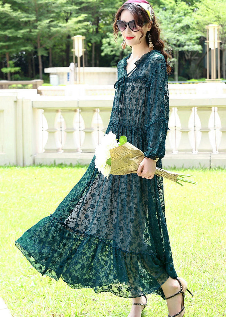 French Peacock Blue Ruffled Exra Large Hem Silk Long Dress Spring LY0696 - fabuloryshop