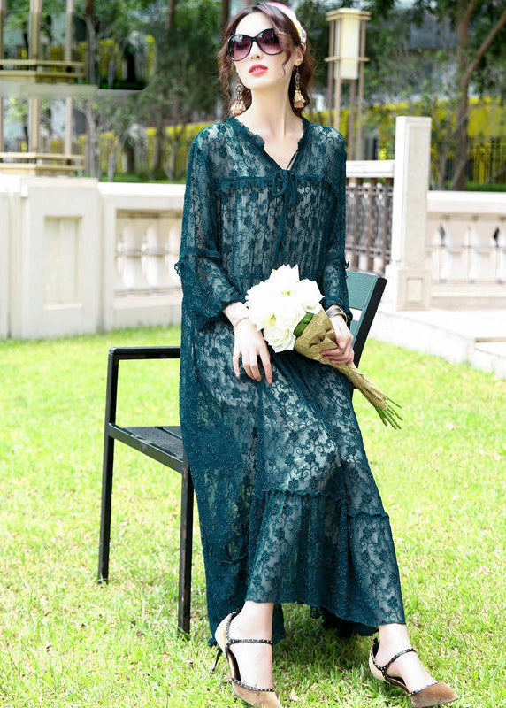 French Peacock Blue Ruffled Exra Large Hem Silk Long Dress Spring LY0696 - fabuloryshop